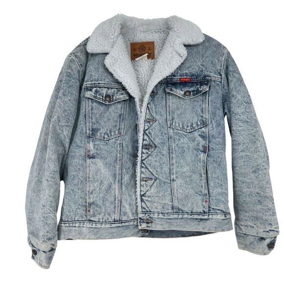 Vintage 80s Wrangler Trucker Jean Jacket Acid Snow Wash Sherpa Western Outlaw M - Picture 16 of 16